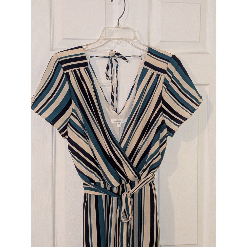 Bailey Blue Striped Surplice Jumpsuit Tie Waist Comfy Casual Career Size L NWT - Picture 2 of 8